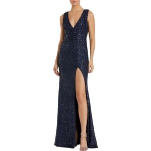 Ieena For Mac Duggal Blue Sequin V-Neck Ruched Gown with High Slit Evening Dress
